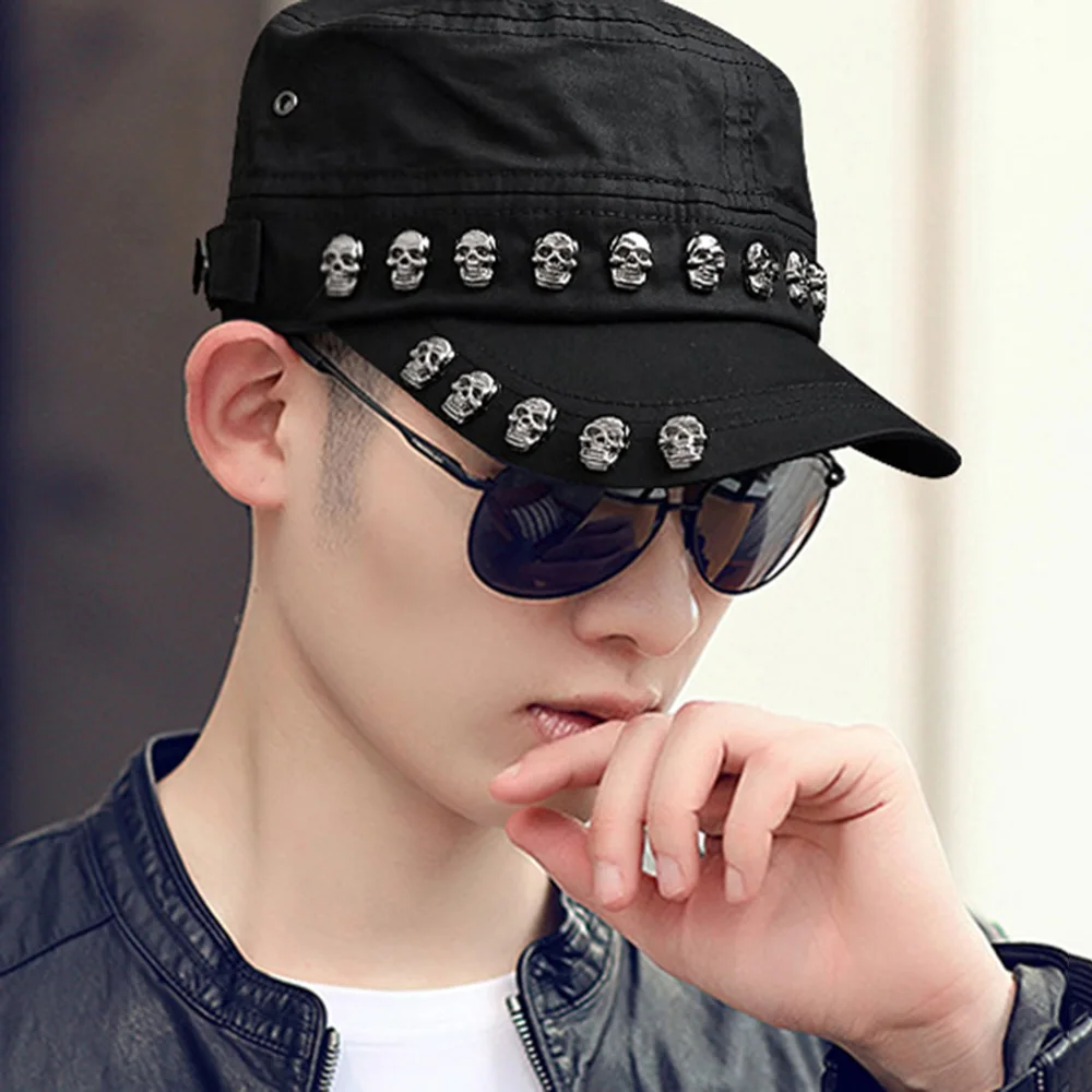 Adult Hip Hop Punk Rock Skull Rivet Flat Peaked Hats Men Spring And Autumn Fitted Baseball Caps