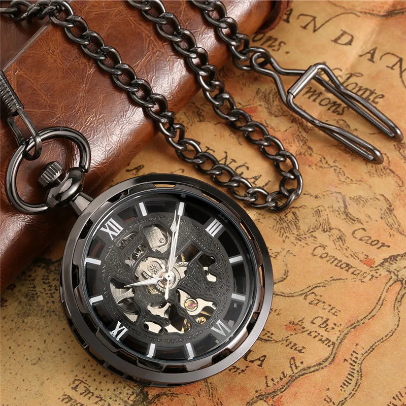 Steampunk Roman Numerals Dial Unisex Handwinding Mechanical Pocket Watch Open Face with Pendant Chain Timepiece Gift reloj