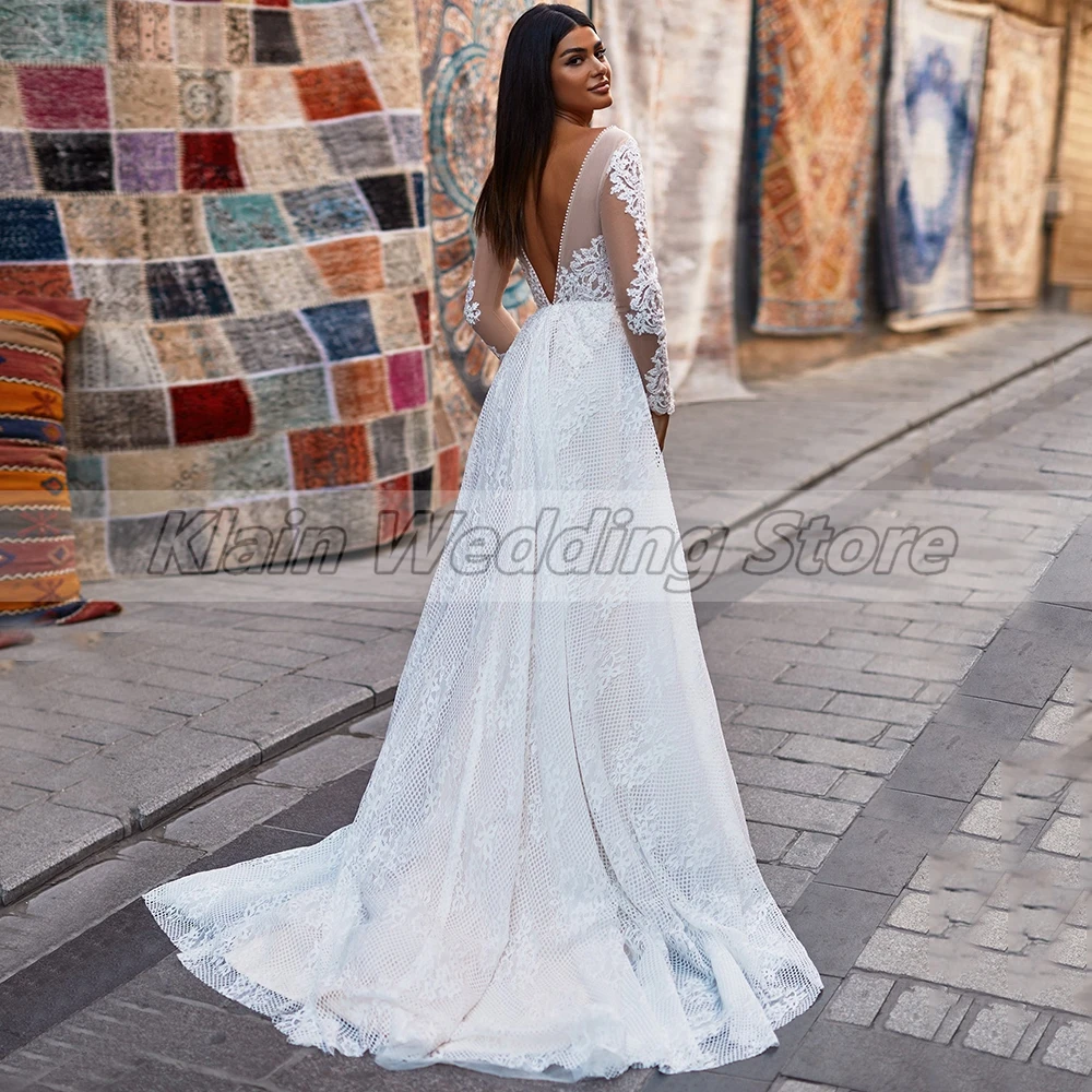 Customized Exquisite A-Line Long Sleeves Lace Wedding Dresses For Bride Appliques V-Neck Sweep Train Backless Bridal Gowns