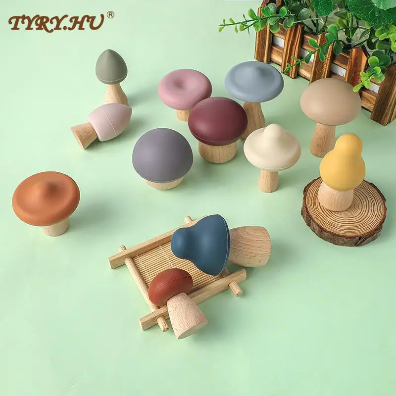 

TYRY.HU 12pc Mushroom Building Blocks Silicone Teether Baby Toys Wooden Food Grade Teether Stacking Balance Game Educational Toy