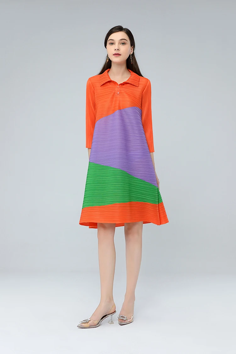 

HOT SELLING Miyake Fashion wrist patchwork turndown collar Buttons fold dress straight dress IN STOCK