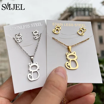 Lovely Gold Color Kitten Cat Stainless Steel Jewelry Set Necklaces Men Collares Fashion…