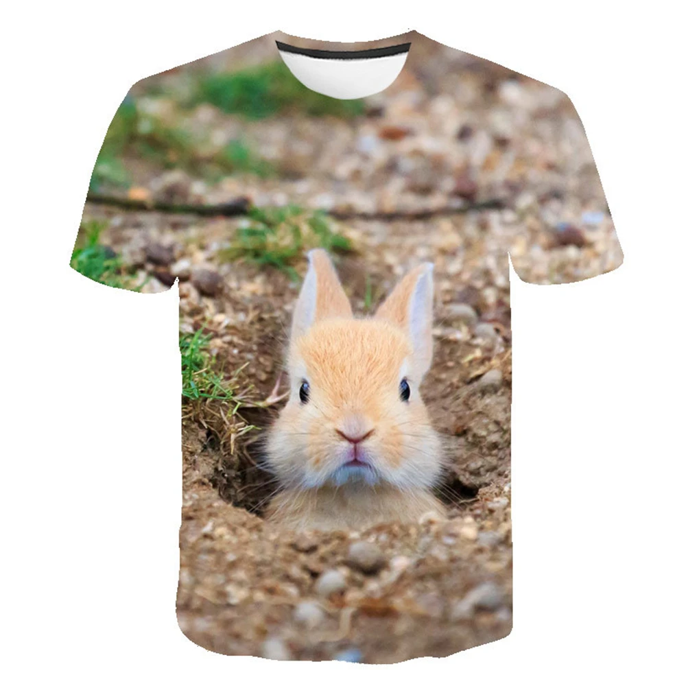 3D Animal Rabbit Men\'s T-shirt in Summer Fun and Cute Couple Family Round Neck Essential Shirt