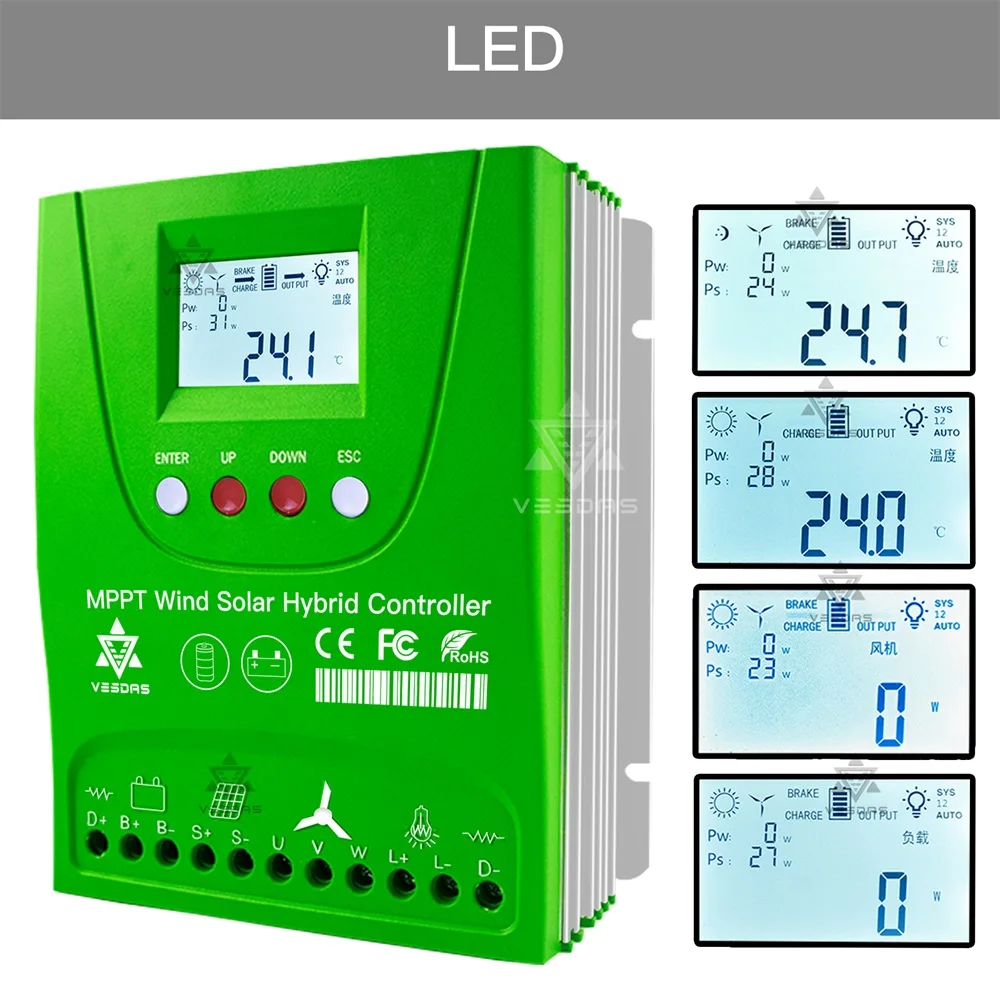 2000W 12V 24V 48V MPPT Wind Solar Hybrid Controller Pioneer Version Charge LiFePO4 Ternary lithium Lead Acid GEL Battery