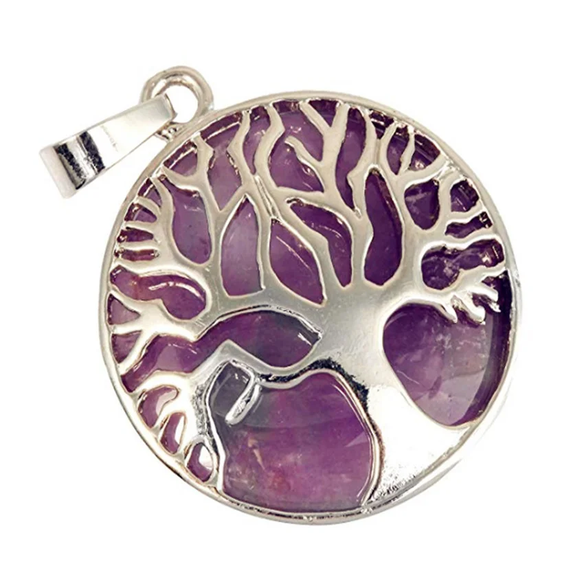 

FYJS Temperament Jewelry Silver Plated Tree of Life Round Shape Natural Purple Amethysts Stone Pendant