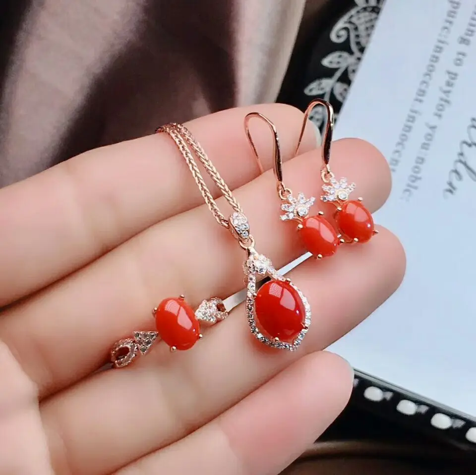 MeiBaPJ Natural Red Coral Gemstone 925 Silver Earrings Ring Pendant Necklace 3-piece Suits Fine Wedding Jewelry Sets for Women