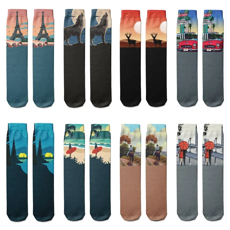 Novelty Hip Hop Harajuku Socks Cartoon Lighthouse Personalized Kawaii Women Socks Men Creative Fashion Printing Long Socks