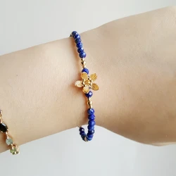 LiiJi Unique Real Lapis Lazuli Gold color flowers charm Bracelet 925 Sterling Silver Delicate Jewelry Drop Shipping