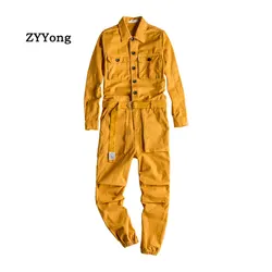 Men's Jumpsuit Lapel Long Sleeve Multi-Pocket Ankle Length Beam Feet Overalls Fashion Black Yellow Freight Trousers  Cargo Pants