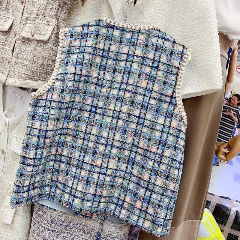 

Colors Mixed Plaid Tweed Vest Korean Style Women Casual Sleeveless Jacket New Fashion O Neck Single Breasted Vintage Waistcoat