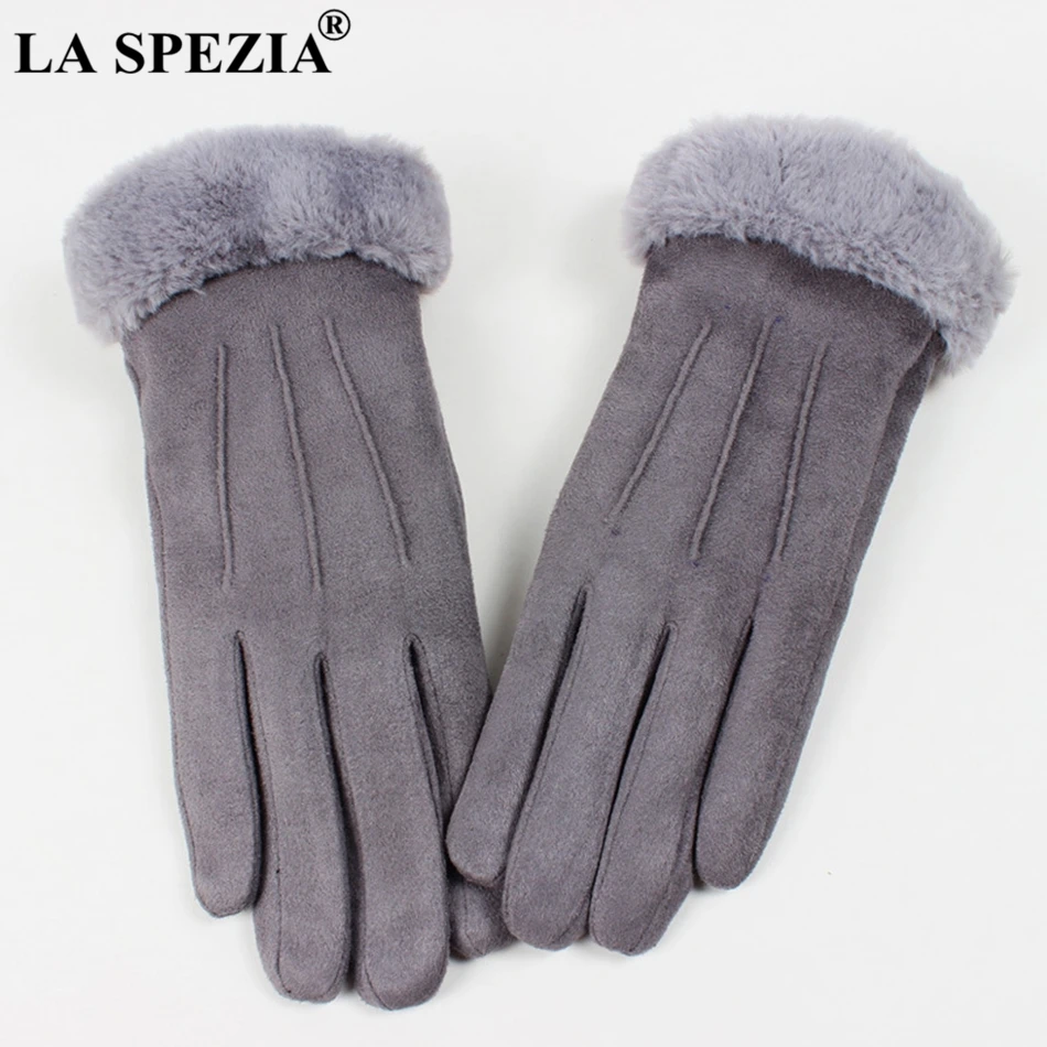 LA SPEZIA Winter Gloves Women Pink Gloves Suede Leather Warm Gloves With Fur Ladies Biker Driving Touch Screen Mittens Gray 2024