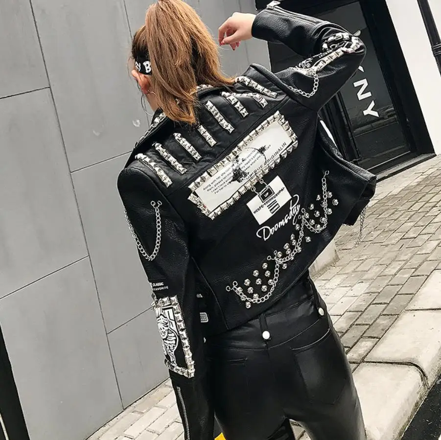 3D Graffiti soft pu leather jackets female cartoon Leather Jacket rivet beading Punk Rock Cropped leather Outerwear F2217