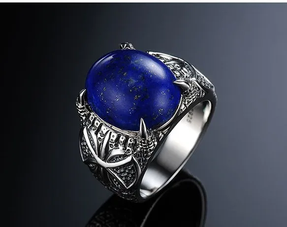 

100%925 Sterling Silver Men's Simple Personality Domineering Retro Fashion Natural Lapis Lazuli Ring