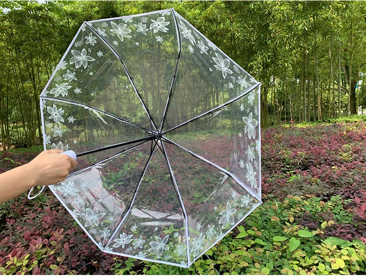 Fashion Thicken PVC Three Folding Transparent Automatic Clear Flower Printing Women Men Rain Umbrellas Girls Gifts Dropship