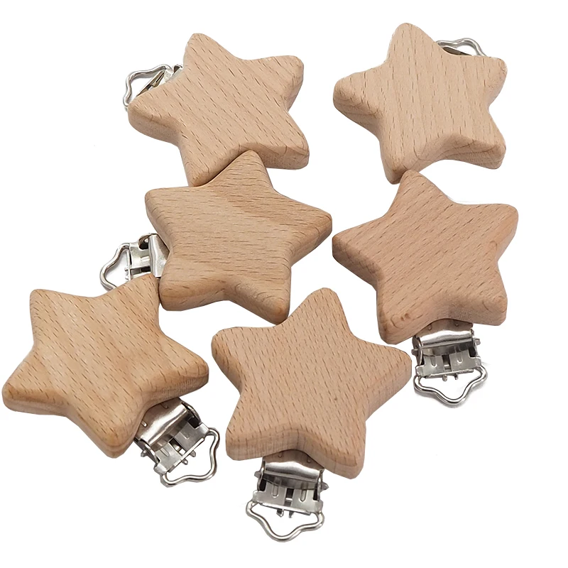 

Chenkai 50PCS Wood Five-Pointed Star Clip DIY Organic Eco-friendly Nature Unfinished Baby Pacifier Rattle Grasping Accessories