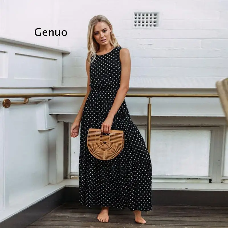 Women Summer Boho Casual Sleeveless Dress Homewear Polka-Dot Party Beach Long Maxi Navy Dress Sundress