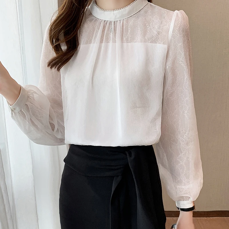 

Autumn Lace Hollowed Out French Style 2021 Lantern Sleeve Top Women's Korean Black Long Sleeve Shirts Blusas Female White 1328