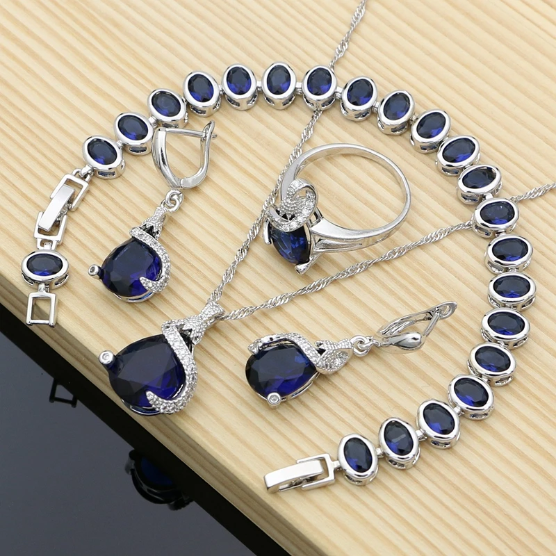 

Silver 925 Jewelry Sets Blue Natural Zircon Costume Jewelry Kits indian Jewelry For Women Necklace Set