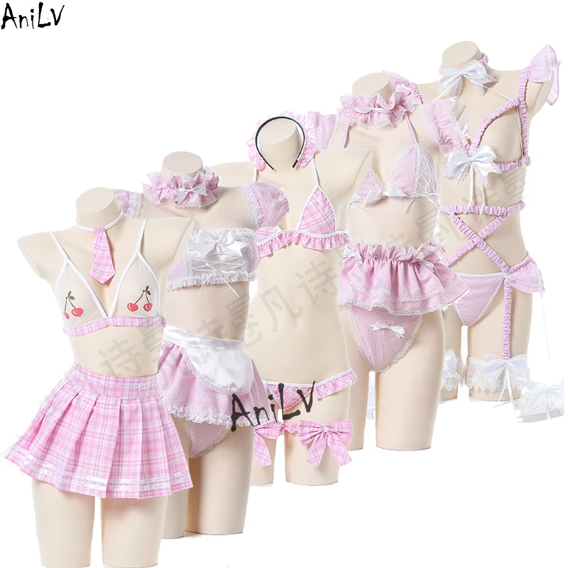 AniLV Lolita Mädchen Rosa Plaid Maid Uniform Serie Bikini Badeanzug Sukumizu Kostüm Frauen Kawaii Maid Pyjamas Dessous Cosplay