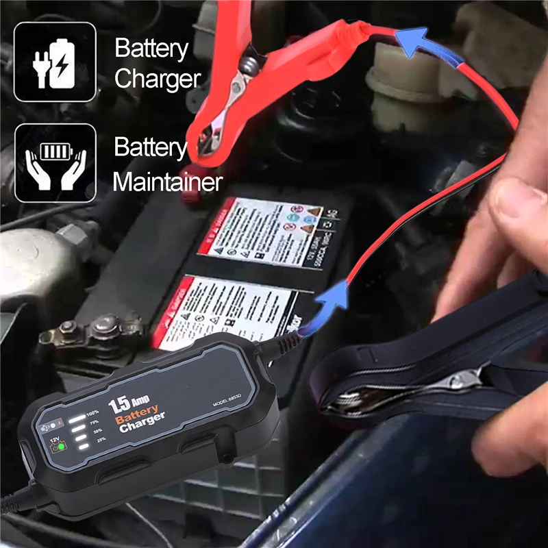 New 12V 1500mA Smart Motorcycle Battery Charger Maintainer Automatic Battery Trickle Charger with LED for Car RV ATV Boat