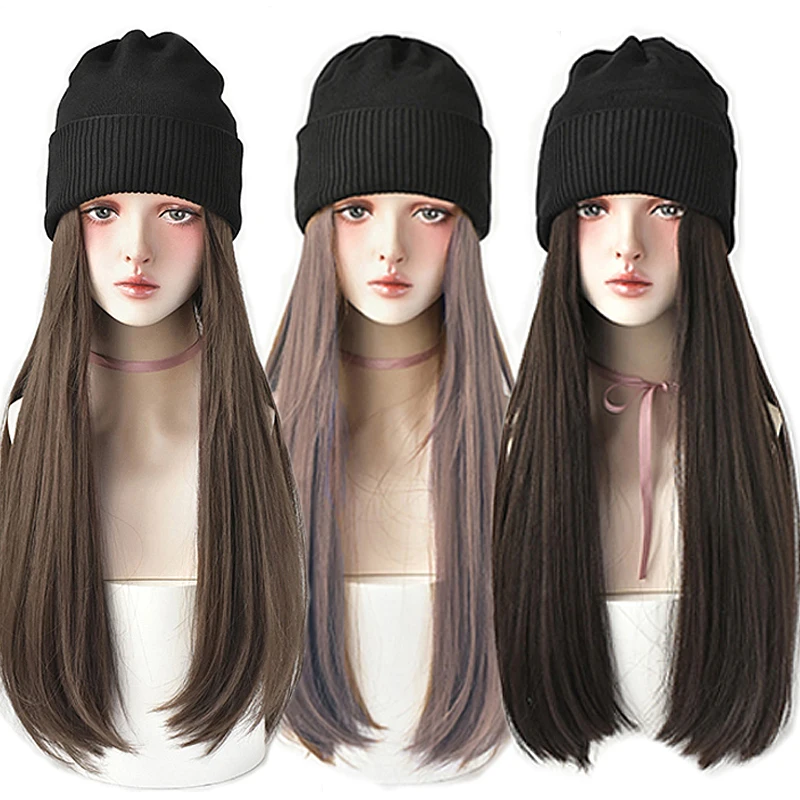 Sissi's Long Synthetic Fluffy Natural Wave Wavy Curly Hair Wigs with Knitted Hat Naturally Connect Adjustable Hat Wig