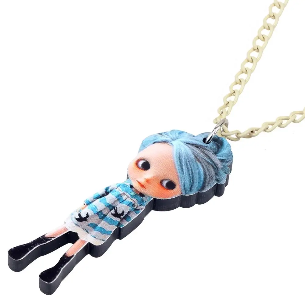 WEVENI Acrylic Blue Hair Dress Girl Doll Necklace Pendant Chain Choker Sweet Party Jewelry For Women Girls Gifts 2019 New Design