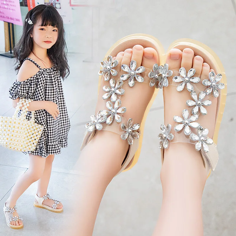 Diamond Crystal Sandals For Girls Children Sandal Comfortable Summer Kids Princess Shoes For Wedding Party Flowers Beach Shoes