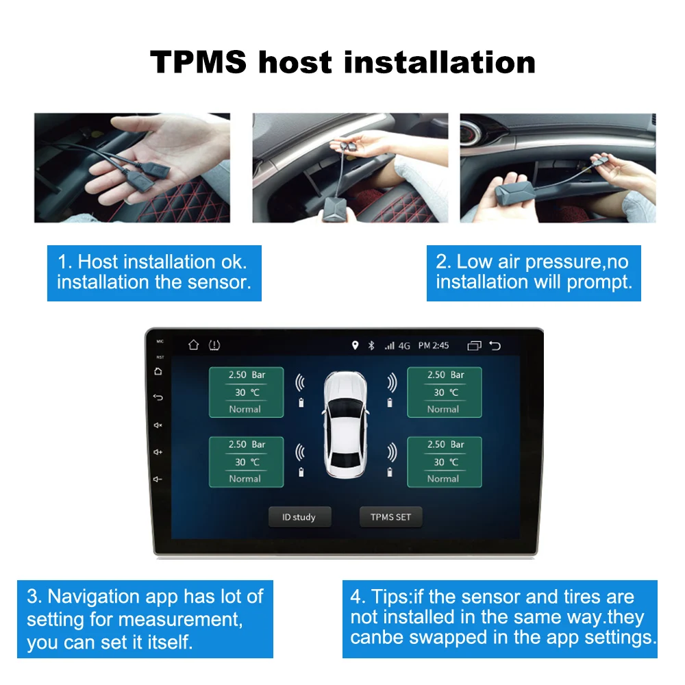 Tire Pressure Monitoring System Wireless Transmission TPMS With 4 Sensors Android Navigation Alarm System USB Android Car TPMS