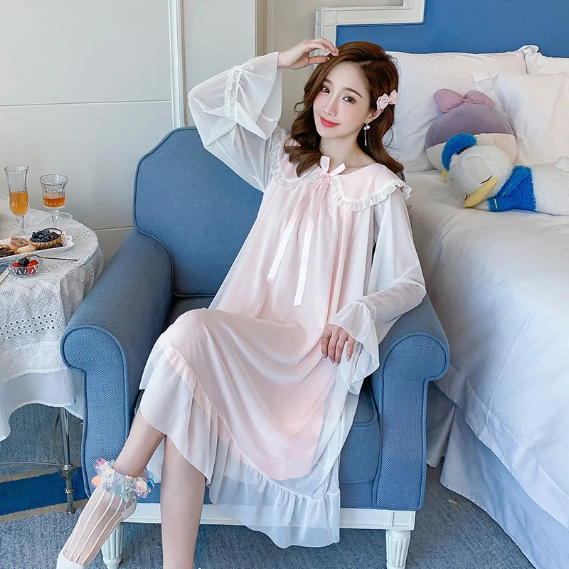 Princess Sleepwear Lolita Nightie Women Victorian Night Dress Cotton Mesh Long Robe Peignoir Vintage Nightgown with Built-in Bra