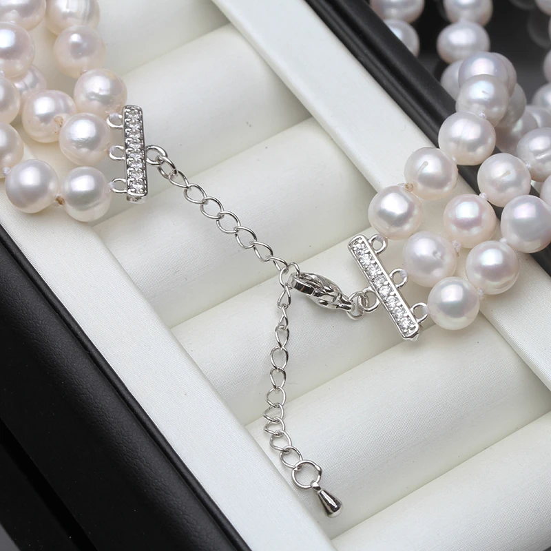 Real Natual Pearl Bead Necklace For Women,Three Strands Pearl Necklace Classic Sweater Chain Christermas Gift