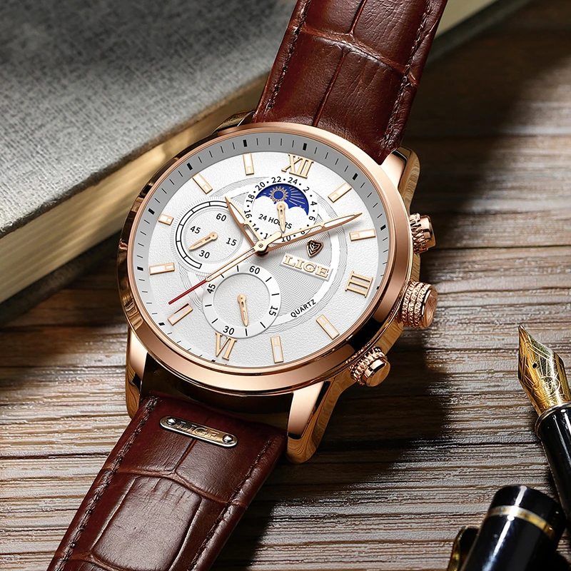 2022 LIGE Watches Mens Top Brand Luxury Clock Casual Leathe 24Hour Moon Phase Men Watch Sports Waterproof Quartz Chronograph+Box