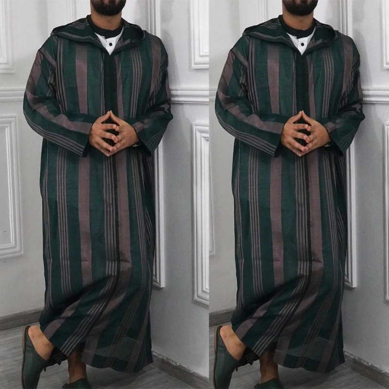 41QC Mode Mannen Etnische Stijl Shirt Ramadan Gown Marokkaanse Gewaad Gestreepte Lange Thobe