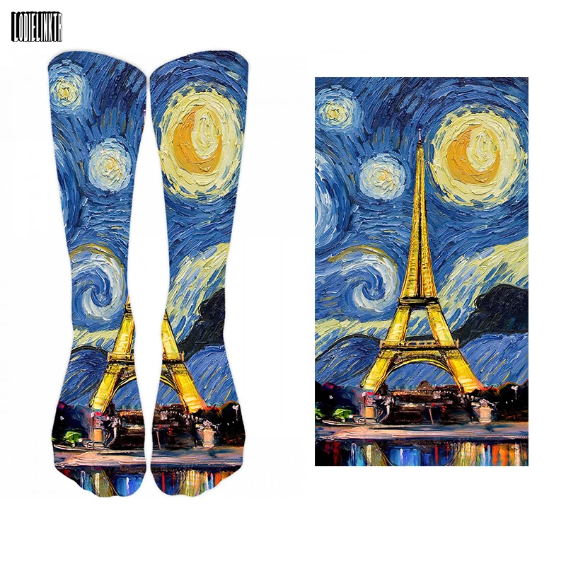 New Style Oil Painting Eiffel Tower Art Socks Men Women Pure Cotton Harajuku Retro Pastoral Scenery Happy Long Tube Funny Socks