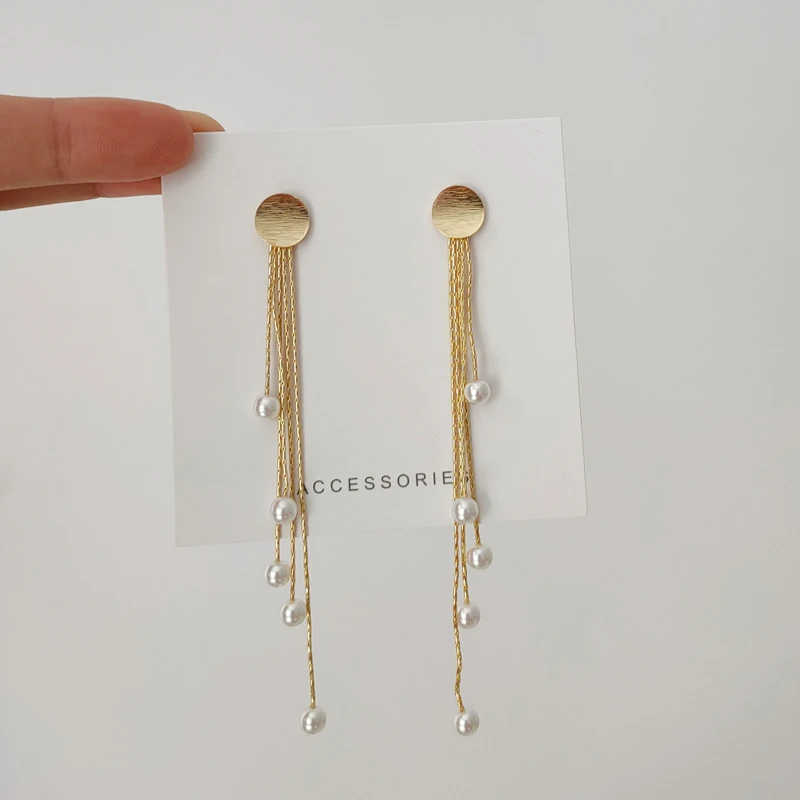 Temperament Pearl Tassel Long Clip on Earrings Elegant Gold Color Long Simulated Pearls Tassel Clip Earrings Without Piercing