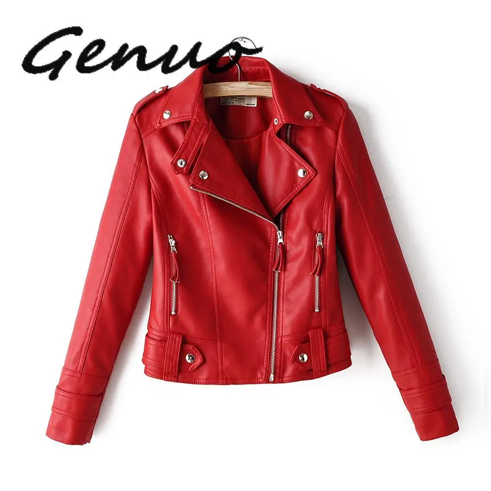 2020 Green Biker Jacket Women Trun Down Collar Red Leather Jacket Modis Black PU Casual Coat Streetwear Fashion Clothes Fall