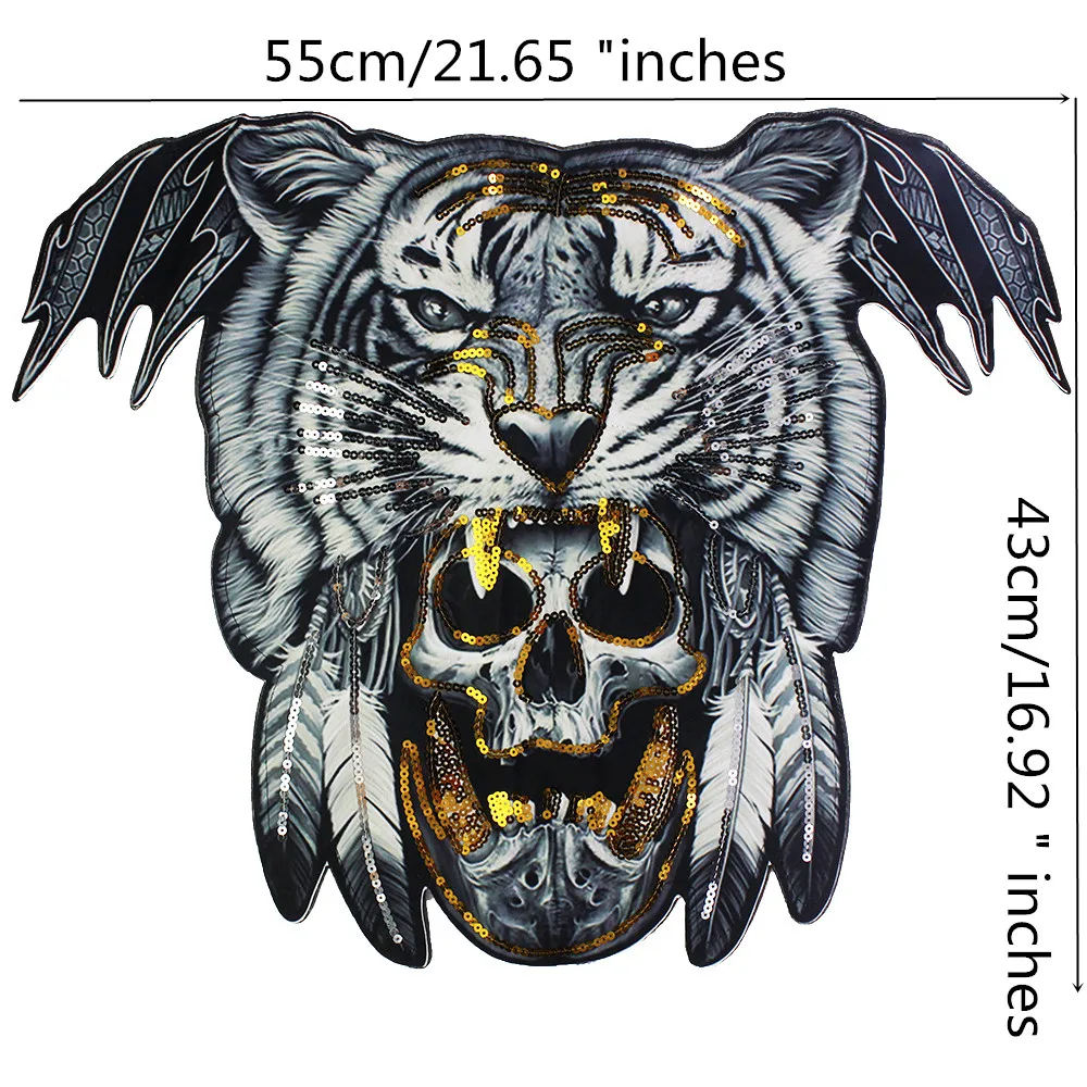 2pcs Super Big Large Size Embroidery Sequined Applique Tiger Skull Patches Cool Wolf Sewing on Patches for Clothing DIY Badge