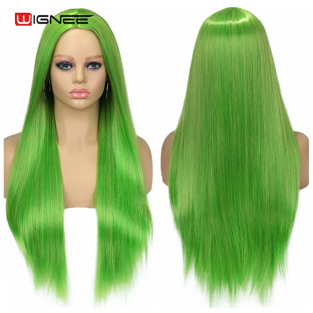 Wignee Long Straight Grass Green Synthetic Fiber Heat Resistant Wigs For Women Natural Middle Part Cosplay Natural Hair Wigs