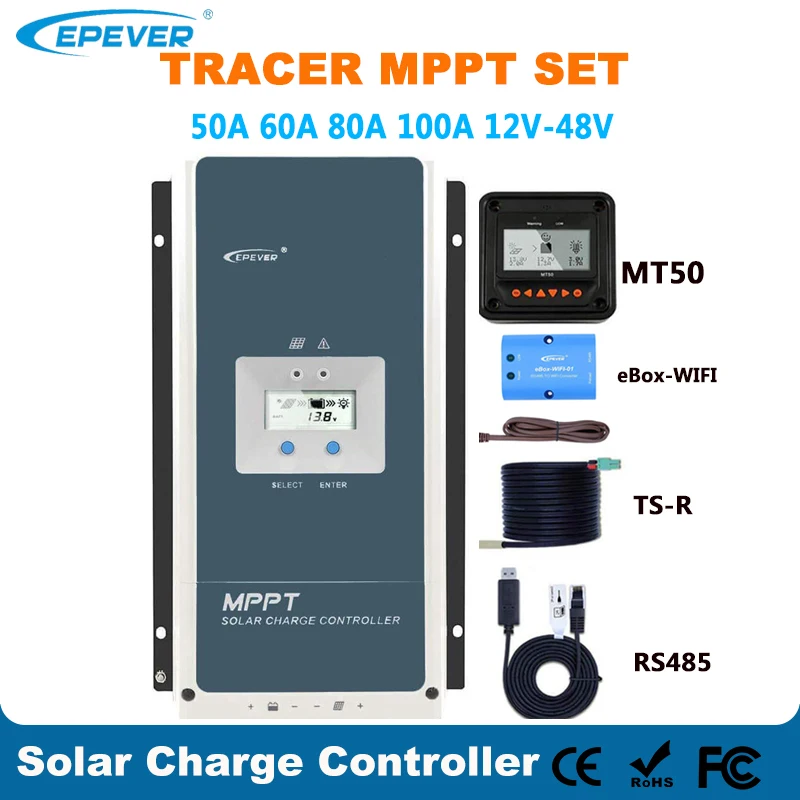 Epever 50A 60A 80A 100A MPPT Solar Charge Controller 12V 24V 36V 48V Auto Backlight LCD Solar Regulator Support WIFI MT50 Remote