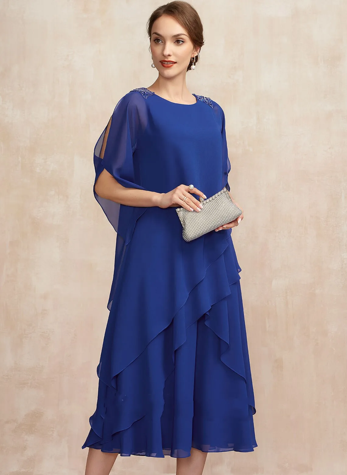 

2025 Royal Blue Scoop Tea-Length Chiffon Mother of the Bride Dress Beading Ruffles Bridal Party Gown Robe De Soiree