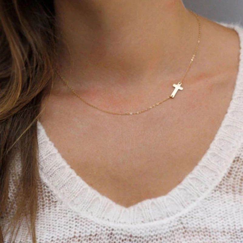 Tiny Silver Color Sideways Cross Necklace For Women Cute Girls Chain Choker Female Prayer Christian Jewelry Party Gift