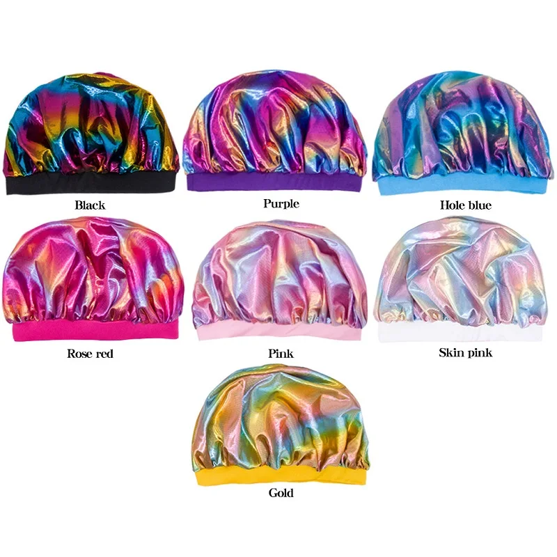 Silk Satin Hair Bonnet Laser Nightcap Adjustable Wide Brim High Stretch Sleep Satin Bonnets