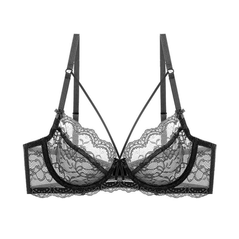 2 Pieces Deep V Lace Bras For Women Plus Size Sexy Lingerie Transparent Ultra Thin Brassiere Top White Pink Black A B C D E Cup