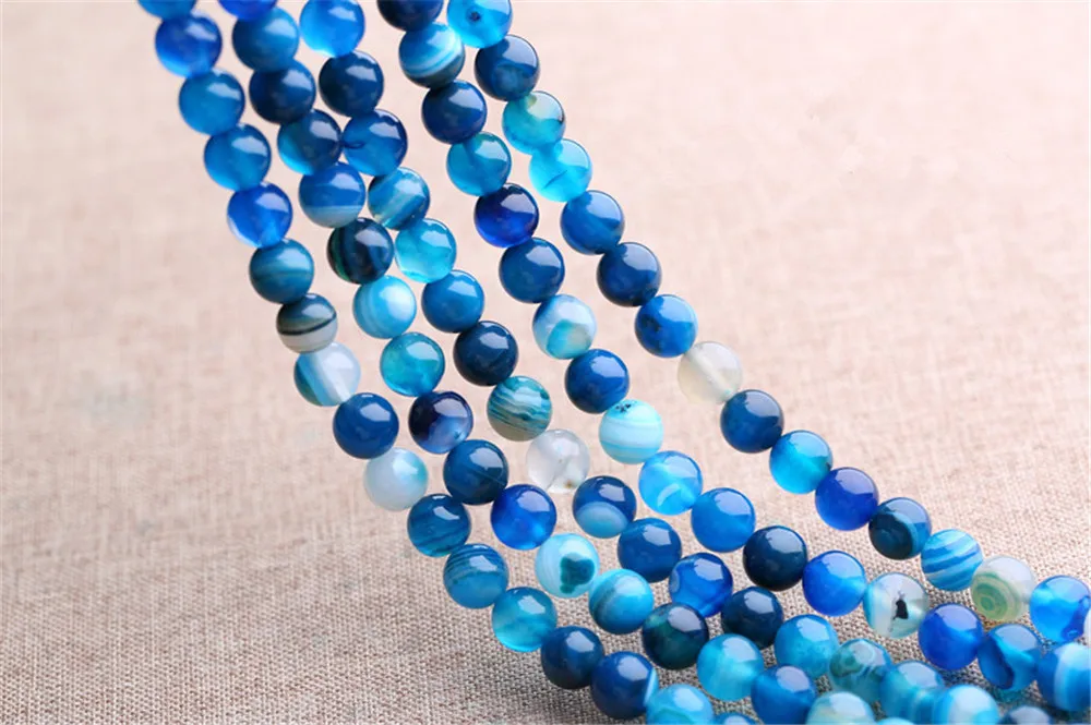 Grade A Natural Blue Stripe Agate Beads 6mm-12mm Smooth Polished Round 15 Inch Strand MN19