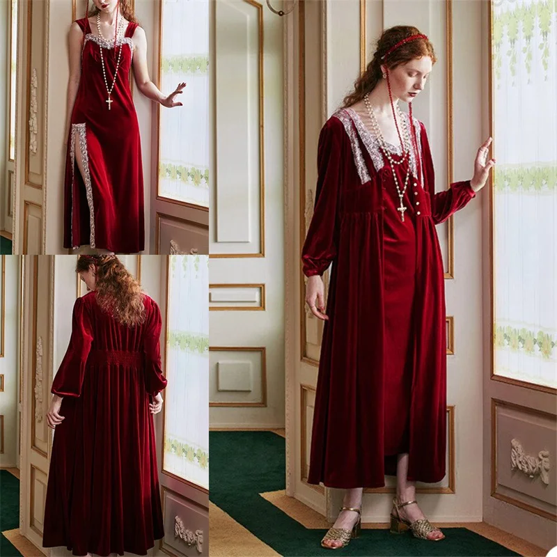 

2 Pieces Velvet Night Gown Bride Sleepwear Elegant Long Robes Lace Appliqued Custom Made Side Split Gorgeous Sleepwear Dresses