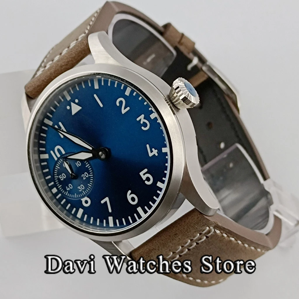 42MM Silver Hand Winding Men\'s Watch Blue Dial Luminous Marks Leather Strap Mechanical 6497 Movement Male Wristwatch