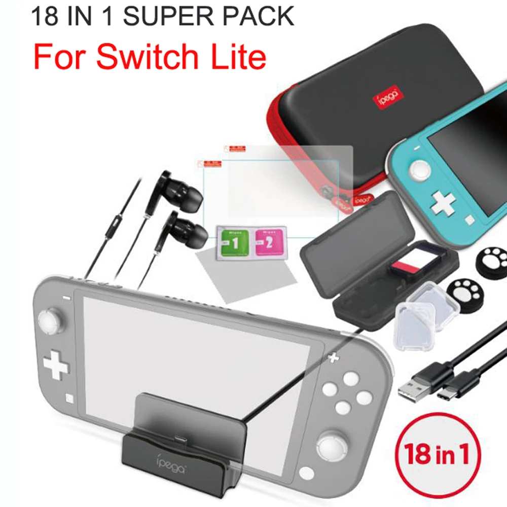 5 pcs 18 in 1 Accessories Kit For N-Switch Lite Carrying Bag Case Charging Stand TPU Shell Type-C Cable Tempered Screen Film