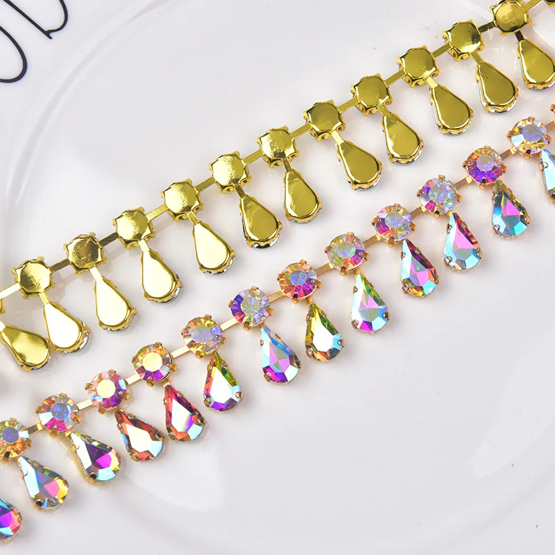 Handmade Strass Rhinestone Cup Chain Round Teardrop Crystal Trim Gold Metal Claw Base Fringe Wedding Dress Clothes Accessories