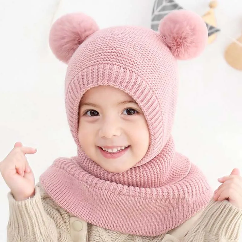 Doitbest 2 to 6 Y Winter Hat Beanies Boys Beanie two hairball Child Knit Fur Hats Protect face neck Kids Girls Earflap Caps