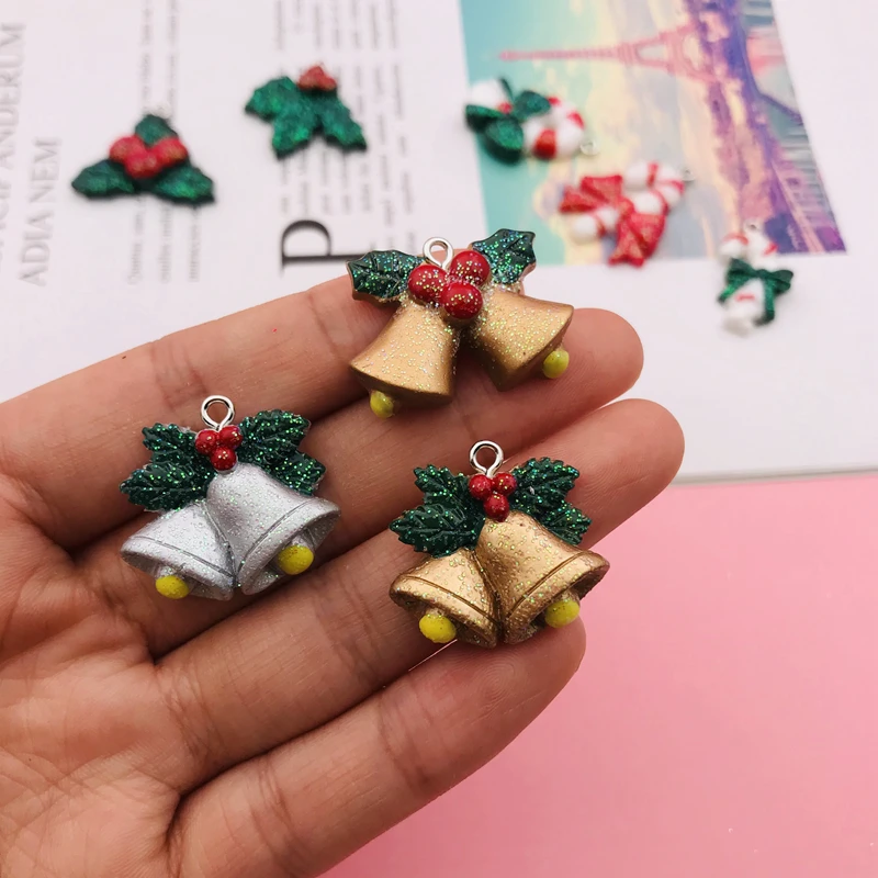 10pcs Hot New Resin Cute Christmas Candy Cane Charm Bell Holly Pendant for Keychain, Earring, Scrapbooking, DIY Making, Necklace