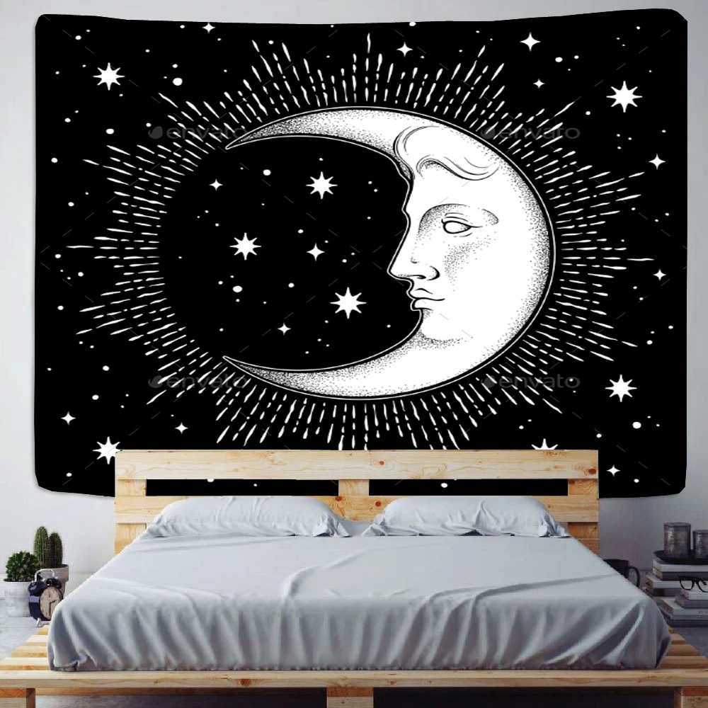 Black And White Sun And Moon Sun God Mandala Tapestry Witchcraft Wall Hanging Hippie Dormitory Psychedelic Carpet Decoration